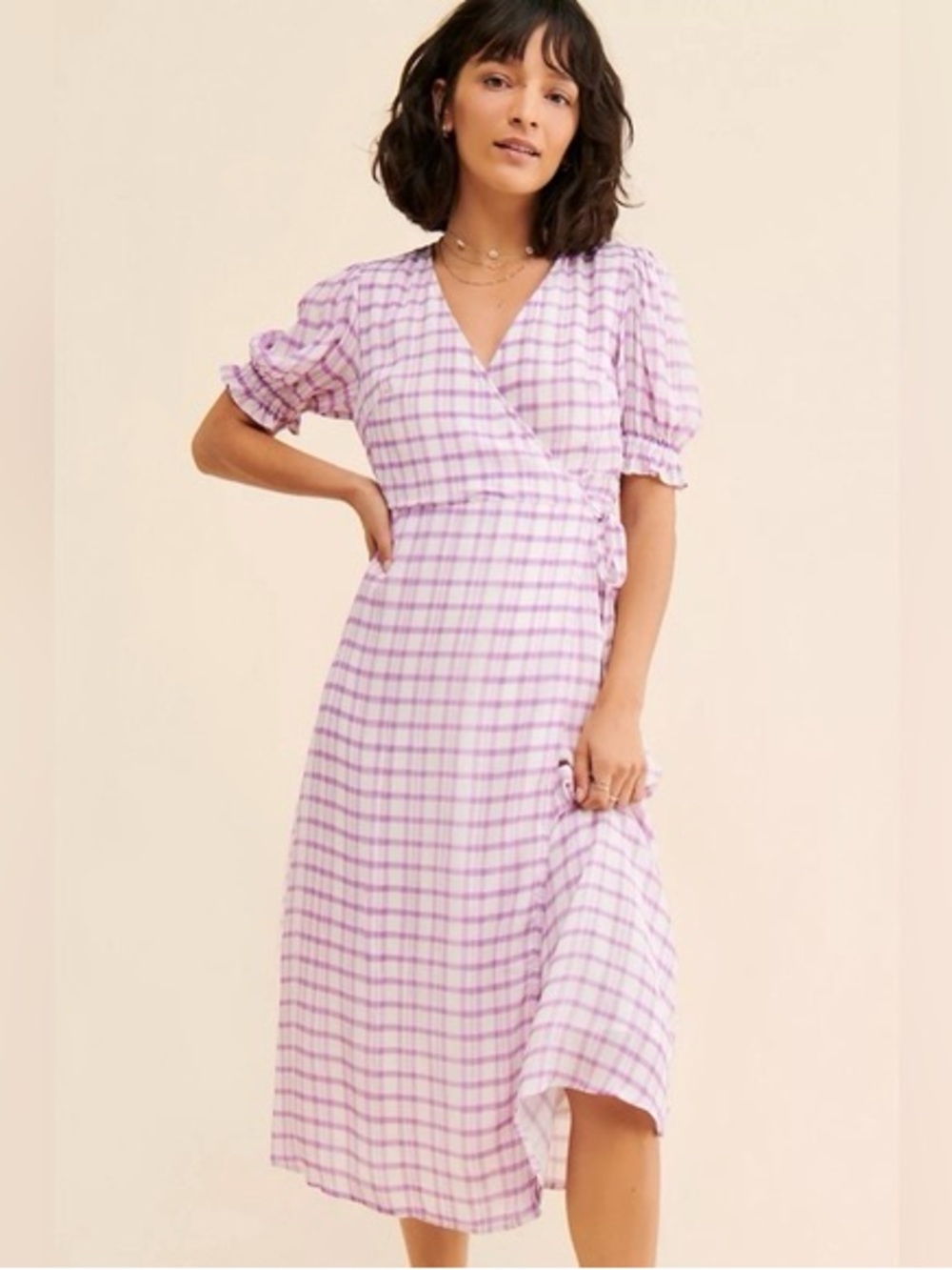 Anthropologie Lavender and White Plaid Midi Wrap Dress